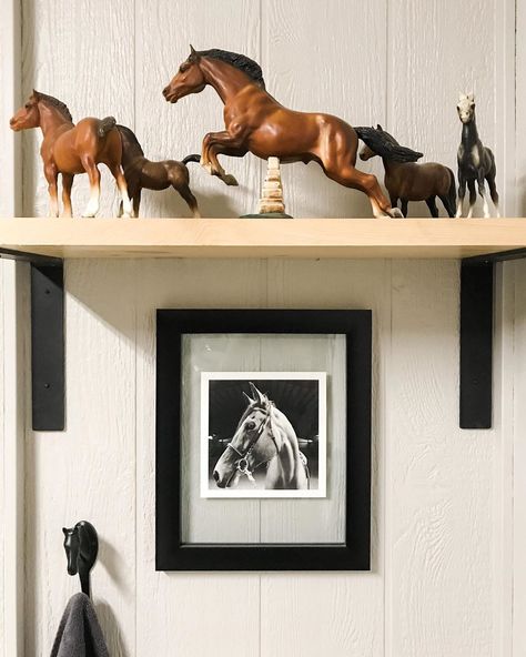 Silver Oaks Farm - Erin 🐴🏠🖤 on Instagram: “I’m always flattered when I inspire others.  My tack room @breyermodelhorsesofficial inspired @horsesandheels_ to display her Breyer horses…” Bryer Horses Display, Breyer Horse Display, Horse Tack Rooms, Bryer Horses, Western Pleasure Horses, Barrel Racing Saddles, Horse Halters, Barrel Racing Tack, Horse Show Clothes