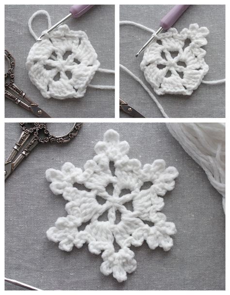 5 Minute Crochet Snowflake, Simple Crochet Snowflake, Free Crochet Pattern Snowflake, Crochet Small Snowflake, Crochet Snowflakes Free Patterns, Chanukah Decorations, Threadbare Creations, Snowflakes Crochet, Free Crochet Snowflake Patterns