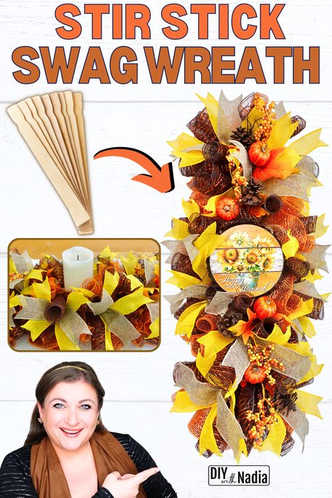 Deco Mesh FALL SWAG WREATH or CENTERPIECE | 5 Gallon Stir Stick DIY Tutorial Paint Stick Swag Diy, 5 Gallon Paint Stick Crafts, Deco Mesh Swag Tutorial, Paint Stick Swag Wreath, Mesh Centerpiece Diy, Deco Mesh Centerpiece Diy, Paint Stick Wreath, Diy Swag Wreath, Fall Graveyard