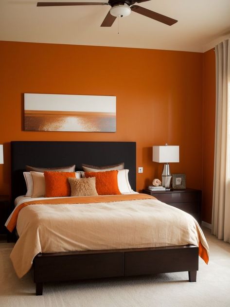 Orange Accent Wall, Burnt Orange Bedroom, Orange Bedroom Ideas, Orange Accent Walls, Orange Bedroom Decor, Orange Bedroom, Warm Bedroom, Modern Platform Bed, Bedroom Orange