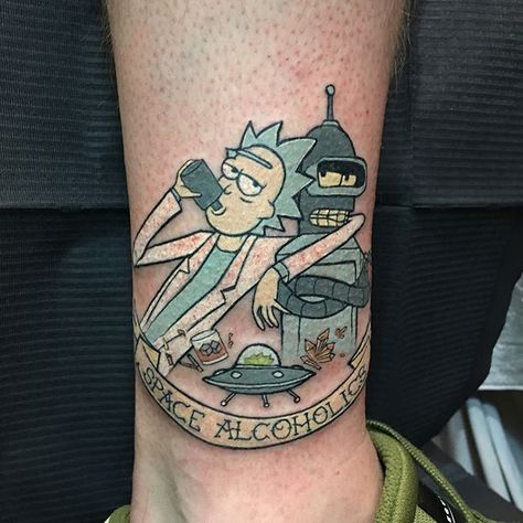 Rick and Bender alcoholics) for fun on #saabrückentattooexpo. #rickandmorty #futurama #bender #rick #space #adultswim #adult_swim #paraleluniverse #gamerink Robot Tattoos, Bender Tattoo, Futurama Tattoo, Best Tattoo Ideas For Men, Futurama Bender, Robot Tattoo, Rick And Morty Tattoo, Rocket Tattoo, Rick And