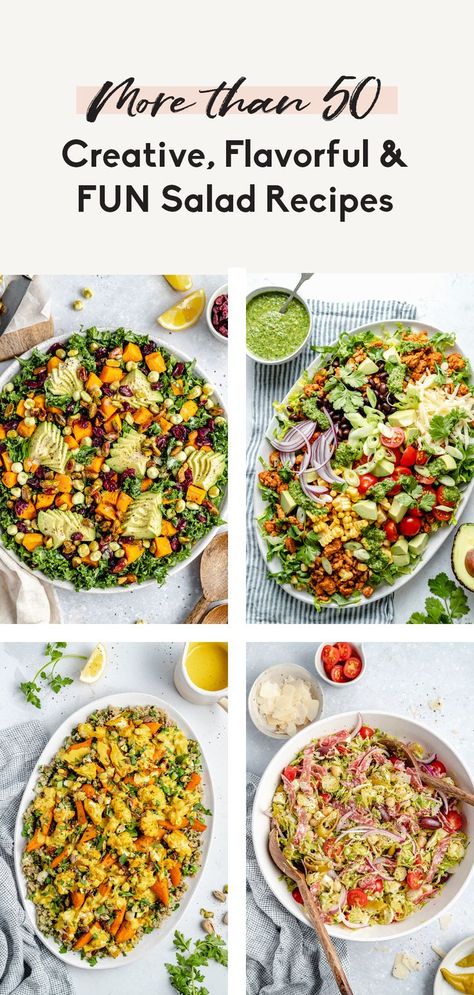 Over 50 of the best salad recipes that are not only healthy but also creative, flavorful and FUN! From quinoa and pasta salads to kale and broccoli and everything in-between, there’s a delicious, healthy salad recipe for everyone. Enjoy the perfect meal prep lunch or yummy party side dish! Fun Salad Recipes, Sweet Potato Quinoa Salad, Greek Yogurt Chicken Salad, Chicken Quinoa Salad, The Best Salad, Greek Yogurt Chicken, Southwest Chicken Salad, Meal Prep Lunch, Best Salad