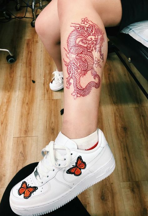 Dragon Tattoo Leg, Linework Art, Red Dragon Tattoo, Tattoo Leg, Dragon Tattoo For Women, Red Ink Tattoos, Red Tattoos, Stylist Tattoos, Dragon Tattoo Designs