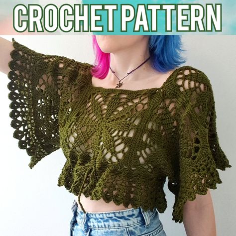 Crochet Velvet Crop Top, Cheap Bohemian Crochet Top For Fall, Trendy Crochet Clothes Sewing Patterns, Cheap Green Bohemian Crochet Top, Monarch Crochet Top, Crochet Leaf Sweater Free Pattern, Forest Crochet Clothes, Bohemian Crochet Top For Winter, Crochet Grass Sweater