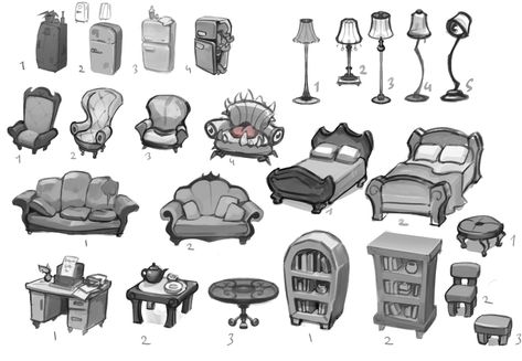 Concept Art Furniture, Furniture Concept Design, Magical House Interior, Furniture Concept Art, Lamp Concept Art, Props Sketch, Prop Design Concept Art, Bedroom Props, Prop Concept Art