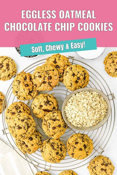 These Eggless Oatmeal Chocolate Chip Cookies are soft and chewy on the inside and just the right amount of crisp on the outside, making them totally irresistible. Plus, they’re packed with wholesome oats and loaded with chocolate chips, so every bite is a little piece of heaven. Not only are they delicious, but they’re also super easy to make with simple ingredients you probably already have in your pantry. And the fact that they’re egg-free makes them perfect for anyone with egg allergies or in Egg Replacer Recipes, Egg Free Cookies, Homemade Cookie, Egg Replacer, Eggless Desserts, Eggless Recipes, Soft Chocolate Chip Cookies, Oatmeal Chocolate Chip, Baked Cookies