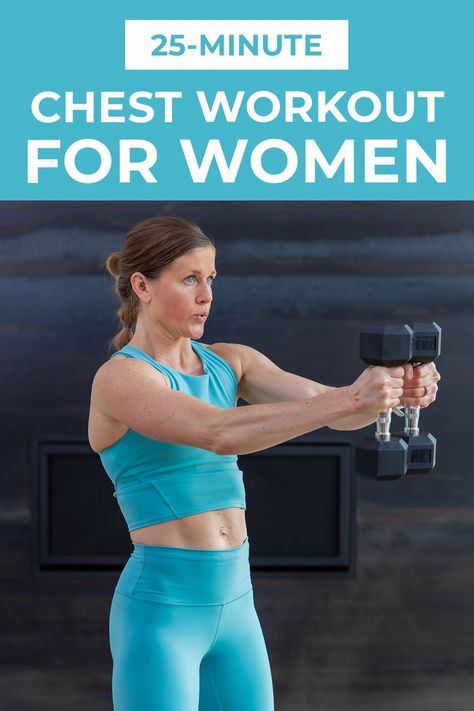 Add these chest exercises for women to your weekly workout routine! Chest exercises, often skipped by women, are important for supporting good posture and building upper body strength. This 25-minute chest workout at home uses a set of dumbbells to tone the arms and build chest muscles. There's a misconception that since women have breasts they don't need to train the chest muscles or pectoralis muscles. This is NOT true. Chest workouts are just as important for women as they are for men. Standing Chest Exercises, Chest Lift Workout For Women, Chest Exercises For Women, Weekly Workout Routine, Dumbbell Chest Workout, Chest Training, Best Chest Exercises, Chest Workout Women, Weekly Workout Routines