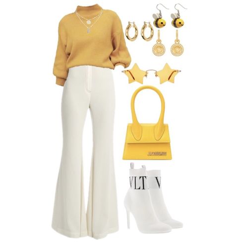 Yellow Trendy Outfits, Gold Yellow Outfit, Classy Yellow Outfit, White And Mustard Outfit, Big White Pants Outfit, Black And Yellow Outfit Classy, Yellow Colour Outfits, Yellow And White Outfits For Women, Casual Yellow Outfits