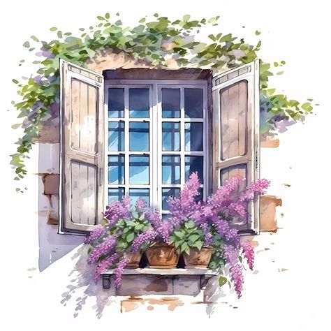 Sumer Landscape, European Balcony, Window With Flowers, Watercolor Cottage, Exterior Entrance Doors, Balcony Window, Fantasy Shop, Painting Flowers Tutorial, Watercolor Paintings Nature