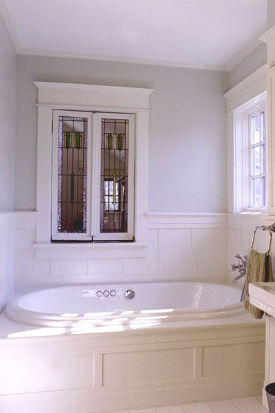 This is the look - creamy white board and batten wood paneling wains-coat, cool neutral on the wall, wooden tub surround. Wood Tub Surround, Wood Tub, Bathroom Renovation Cost, Tub Remodel, Tub Surround, Master Bath Remodel, Bathroom Windows, Bathroom Redo, Bathroom Remodel Master