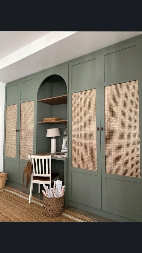 Rattan Closet Doors Modern, Rattan Shutter Wardrobe, Sage Green Bedroom Wardrobe, Rattan Fitted Wardrobe, Rattan Wardrobe Design, Rattan Shutters, Wardrobe Shutters Design, Mint Green Wardrobe, Green Closet Doors