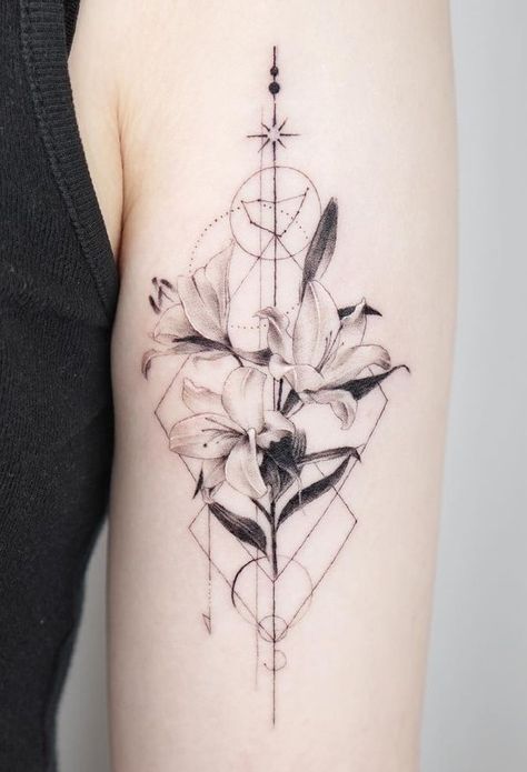 The Meanings Of Lily Tattoos: An Extensive Explanation Lilly Flower Tattoo, Tiger Lily Tattoos, Geometric Flower Tattoo, Lily Tattoos, Lily Tattoo Design, Lily Flower Tattoos, Girl Arm Tattoos, Triangle Tattoos, Geometry Tattoo