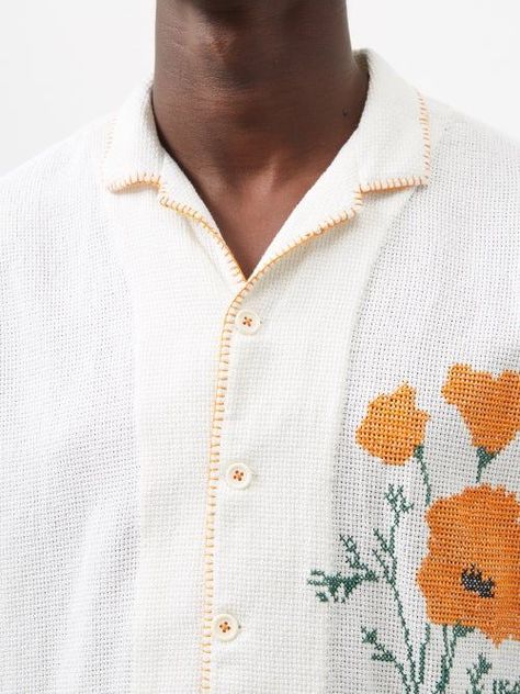 Harago - Poppy Cross-stitched Cotton-aida Shirt - Mens - White Multi Stitching On Tshirt, Embroidered Shirts Men, Embroidered White Shirt, Embroidered Mens Shirt, Cross Stitch Clothes, Mens Embroidered Shirt, Cross Stitch Shirt, Embroidery Blanket, Embroidery Shirt Men