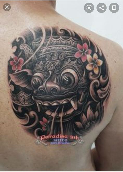 Traditional Indinesian tattoo Pluto Tattoo, Barong Tattoo, Balinese Tattoo, Barong Bali, Armband Tattoos For Men, Oni Tattoo, Hannya Mask Tattoo, Tattoo Catalog, Sanskrit Tattoo