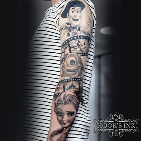 Disney Tattoos For Men Sleeve, Pixar Tattoo Sleeve, Disney Sleeves For Women Tattoo, Disney Leg Sleeve Tattoo Black And White, Disney Arm Sleeve Tattoos For Women, Disney Black And White Tattoo, Disney Arm Tattoo, Disney Sleeve Tattoo For Women, Sleeve Tattoos Disney