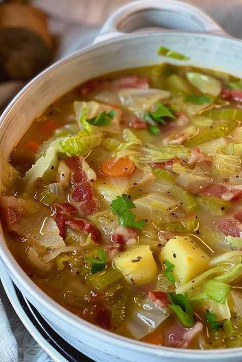 Irish Cabbage Bacon And Potato Soup, Cabbage Soup With Bacon And Potatoes, Bacon Vegetable Soup, Bacon Cabbage And Potato Soup, All Soup Recipes, Bacon Potato Cabbage Soup, Bacon Cabbage Soup, Cabbage Soup With Bacon, Hearty Soups Crockpot