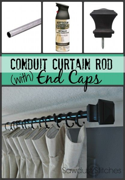 DIY conduit curtain rod Sawdust2stitches3/4″ Electrical Conduit (10′) Metallic Spray Paint ( I used “Oil Rubbed Bronze”) 3/4″  dowel  rod Liquid Nails Screw-on Curtain End Caps Conduit Curtain Rod, How To Hang Curtains, Diy Curtain Rods, Hang Curtains, Electrical Conduit, Metallic Spray Paint, No Sew Curtains, Drop Cloth Curtains, Liquid Nails