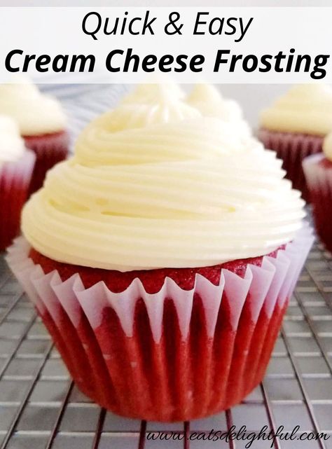 cream cheese frosting on red velvet cupcake Quick Frosting Recipe, Cream Cheese Buttercream Frosting Recipe, Red Velvet Cake Icing, Easy Frosting Recipe, Red Velvet Cake Frosting, Easy Cream Cheese Frosting, Cinnamon Roll Frosting, Vanilla Frosting Recipes, Cream Cheese Buttercream Frosting