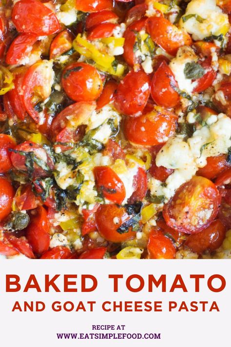 My favorite "casserole" recipe includes baked tomatoes and goat cheese served over pasta with fresh basil, garlic, Parmesan cheese, olive oil, pepperoncini, and capers.  Serve this baked tomato with cheese recipe over pasta or on toasted bread (bruschetta or crostini). Tomato And Goat Cheese Pasta, Tomato With Cheese, Bread Bruschetta, Tomatoes And Goat Cheese, Tomato And Goat Cheese, Tomato Goat Cheese, Tomato Pasta Bake, Tomatoes And Cheese, Favorite Casserole Recipes