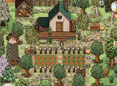 Pastel Stardew Valley, Stardew Farm Aesthetic, Aesthetic Stardew Valley Farm Layout, Stardew Valley Build Ideas, Stardew Valley Garden Design, Stardew Valley Aesthetic Wallpaper, Stardew Garden, Aesthetic Stardew Valley Farms, Stardew Valley Aesthetic Farm