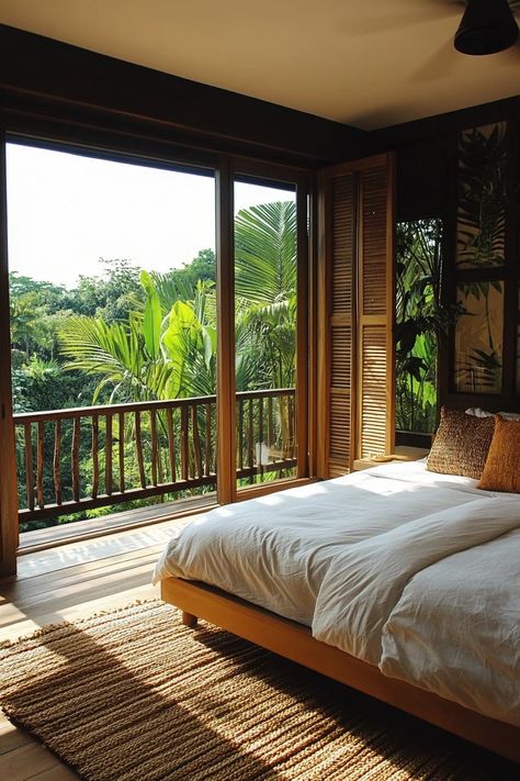 38 Scandinavian-Tropical Bedroom Retreats: Cool Minimalism Meets Lush Paradise - TastyInteriors Bali Interior Design Bedrooms, Minimal Tropical House, Dark Tropical Bedroom, Tropical Oasis Bedroom, Tropical Bedroom Ideas Caribbean, Beach House Interior Bedroom, Modern Tropical Bedroom, Bali Interior Design, Bedroom Tropical