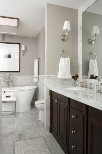 I love marble counters on a dark vanity and a deeeeeep soaker tub... aahhh... Makeover Kamar Mandi, Gray And White Bathroom, Coastal Bathroom, Bathroom Floor Plans, Traditional Baths, Bad Inspiration, Master Bath Remodel, Subway Tiles, Bathroom Redo