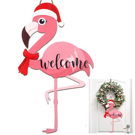 Flamingo Welcome Sign, Flamingo Decorations, Front Door Wood, Wood Sign Christmas, Sign Decorations, Christmas Flamingo, Porch Door, Door Garden, Funny Flamingo