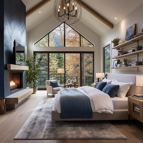 Master Rooms Bedrooms, Dream Primary Bedroom, Big Primary Bedroom, Master Bedrooms With Big Windows, Master Room With Fireplace, Master Bedrooms With High Ceilings, Big Window Bedroom Master Suite, Master Suite Inspiration, Dream House Master Suite