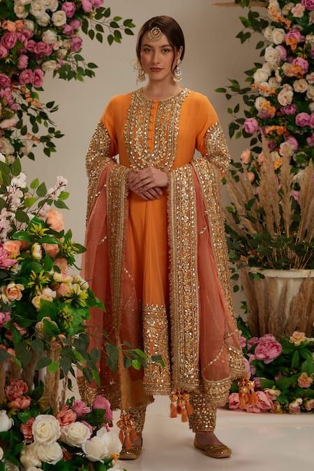 Peach Colour Combinations Indian Dress, Orange Anarkali Suits, Orange Suits Women Indian, Orange Punjabi Suit, Orange Indian Dress, Salwar Georgette, Gota Work Dress, Surface Development, Orange Anarkali