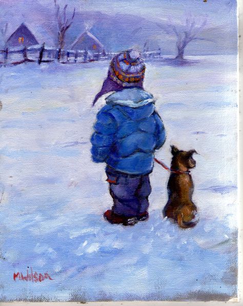 Snowman Dog Painting, Snowman And Tree Painting, Watercolor Snowman Family, Snowmen At Night Art, Winter Scene Paintings, Dog In Snow Painting, Watercolor Paintings Of Animals, Barn Painting, Small Canvas Paintings