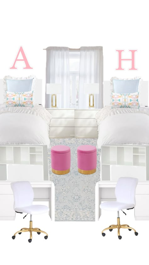 Sorority Bedroom, Sorority House Rooms, Dorm Room Themes, Sorority Room, Blue Dorm, Pink Dorm Rooms, College Dorm Room Inspiration, Preppy Dorm Room, Dream Dorm Room