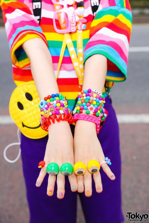 Rainbow Harajuku Fashion w/ Colorful Shaved Hair, Happy Birthday Sunglasses, Statement Suspenders, Peko-chan Neck Wallet, Dickies, Sevens Smiley Face Bag & Yosuke Cutout Shoes – Tokyo Fashion Decora Girl, Harajuku Accessories, Peko Chan, Birthday Sunglasses, Neck Wallet, Pink Happy Birthday, Rainbow Socks, Yellow Quilts, Pink Watch