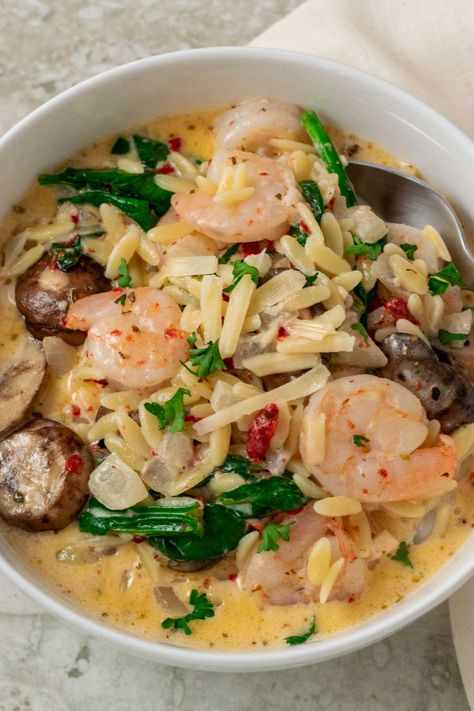 Garlic Orzo, Tuscan Shrimp, Shrimp Orzo, Baby Bella Mushrooms, Parmesan Cheese Sauce, How To Cook Orzo, Orzo Recipes, Prawn Recipes, Shrimp Recipes For Dinner