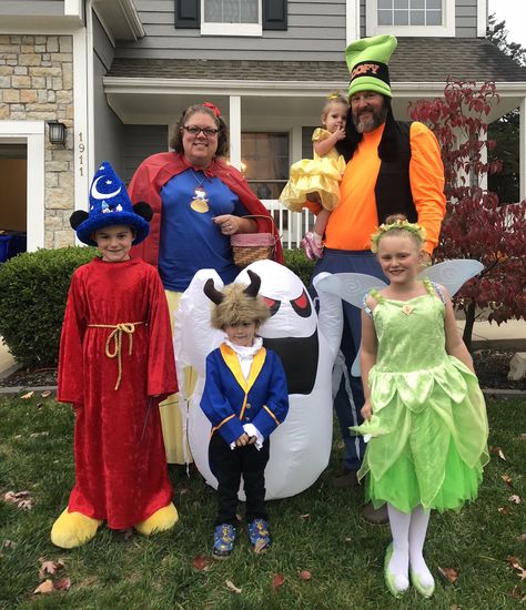 Our Family Disney Costumes- Snow White, Beauty, Goofy, Sorcerer Mickey, Beast and Tinkerbell. Snow White Beauty, Disney Family Costumes, Sorcerer Mickey, Disney Halloween Costumes, Family Halloween Costumes, Disney Costumes, Family Halloween, Disney Halloween, Snow White