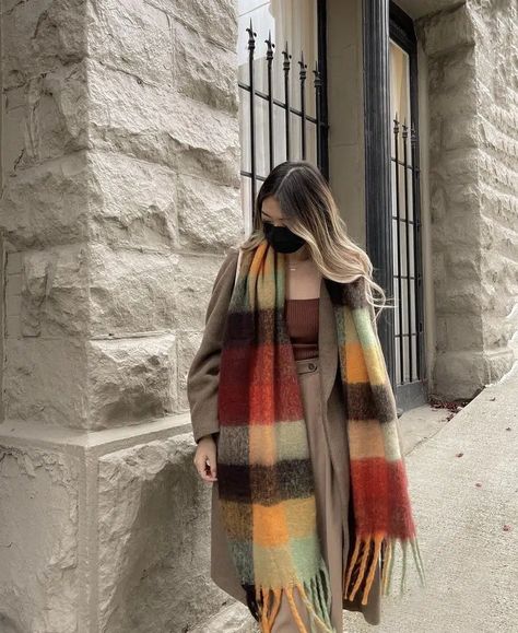 Acne Scarf Outfit, Winter Scarf Aesthetic, Brighton Winter, Plaid Scarf Outfit, Acne Scarf, Blanket Scarf Outfit, Scarf Outfits, Scarf Aesthetic, How To Wear A Blanket Scarf