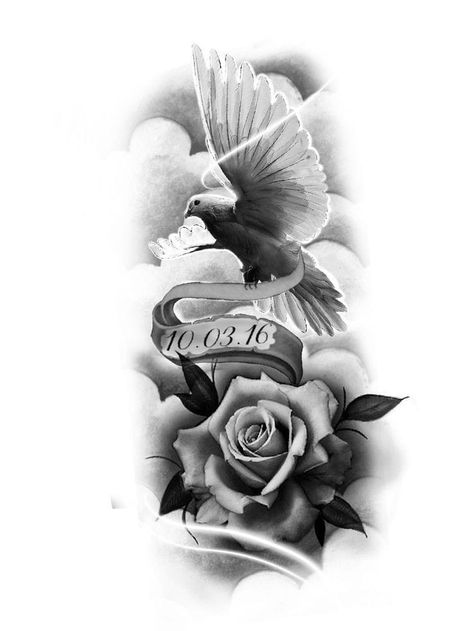 Dove Roses Tattoo Design, Heaven Birds Tattoo, Dove Tattoo Ideas For Women, Birds Sleeve Tattoo, Dove Roses Tattoo, Dove Tattoo Sleeve, Pigeon Tattoo Design, Dove And Rose Tattoo, Pigeon Tattoo