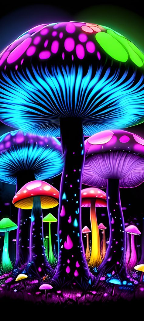 Mushi mushi Cool Mushroom Wallpaper, Neon Mushroom Wallpaper, Blacklight Art Ideas, Mushroom Aesthetic Art Trippy, Alien Jungle, Trippy Wallpapers, Vintage Mushroom Art, Neon Mushroom, Trippy Cartoon