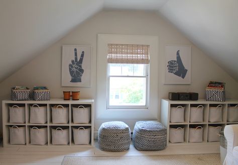 Attic Playroom with Toy Storage baskets New England Beach Cottage, Creative Toy Storage, New England Beach, Loft Playroom, Design Seed, Attic Playroom, Ikea Kids, Toy Storage Baskets, Playroom Storage