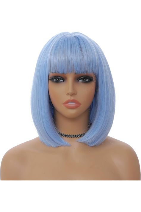 MINLEE Light Blue Bob Wig With Bangs for Women 12 Inch Straight Bob Wig Blue Wigs Synthetic Heat Resistant Colorful Wig for Cosplay Party Use Blue Bob Wig, Blue Wigs, Blue Bob, Colorful Wig, Straight Bob Wig, Bob Wig With Bangs, Bangs For Women, Blue Wig, Wigs Synthetic