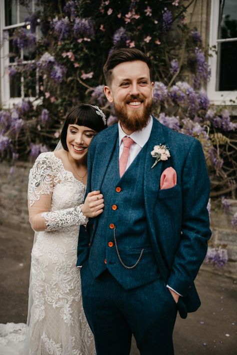 a bright blue tweed three piece suit, a white shirt and a pink tie and handkerchief plus a chain and amber buttons Groom Trends, Grooms Suits, Tweed Wedding, Groom's Suit, Vintage Groom, Tweed Wedding Suits, Mens Wedding Attire, Groom Wedding Attire, Wedding Outfit Men