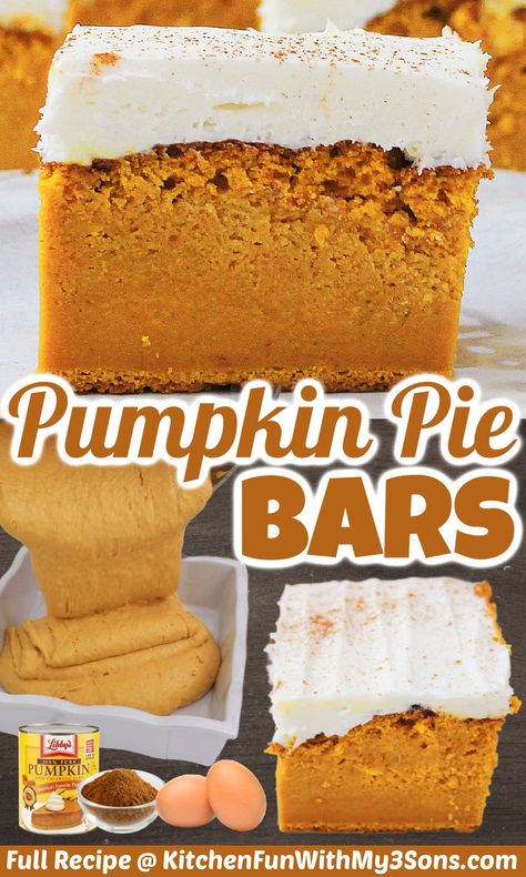 Pumpkin Pie Bars With Cream Cheese Frosting, Pumpkin Bars With Cream Cheese Frosting, Thanksgiving Dessert Buffet, Can You Freeze Pumpkin, Impossible Pumpkin Pie, Homemade Icing, Bars With Cream Cheese Frosting, Bars With Cream Cheese, Bar Desserts