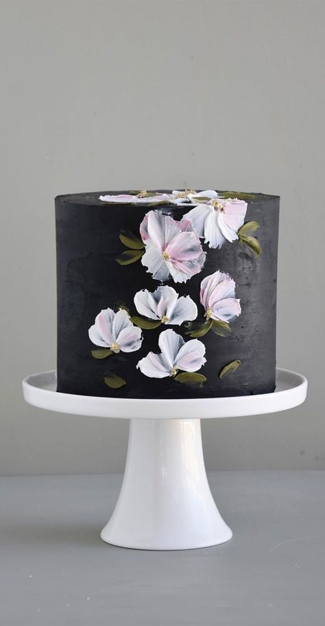 floral textured buttercream cake, black cake, simple wedding cake, wedding cake, white wedding cake, contemporary cake, minimalist wedding cake Black Buttercream Cake, Minimalist Birthday Cake, Cake Minimalist, Black Buttercream, Birthday Cake Designs, Textured Buttercream, Minimalist Cake, Small Birthday Cakes, Cake For Boyfriend