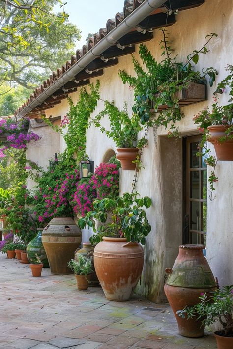 Mediterranean Potted Plants, Mediteranian Landscape, Californian Gardens, Mediterranean Backyard Ideas, Mexican Mansion, Mediterranean Front Yard, Tuscan Backyard, Mediterranean Garden Ideas, Tuscan Courtyard