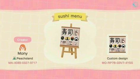 Stall Design Animal Crossing, Design Animal Crossing, Food Stall Design, Restaurant Identity, Sushi Menu, Sushi Design, Stall Design, Animal Crossing Wild World, Food Menu Design