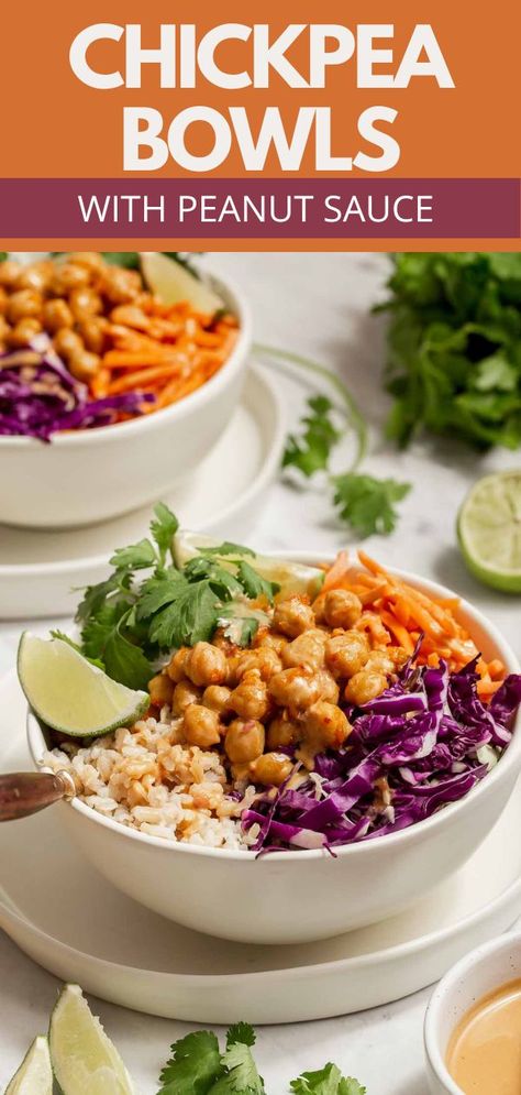 White bowl with chickpeas, purple cabbage, cilantro, carrots and lime wedge. Thai Peanut Chickpea Bowl, Bean Bowls Healthy, Nutrient Meals, Chickpea Rice Bowl, Chickpeas And Rice, Bean Dinner, Chickpea Bowls, Easy Bean Recipes, Chickpea Rice