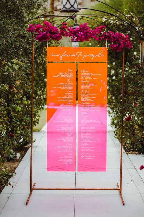 "Our favorite people" seating chart. Such a cool idea! #neonwedding #seatingchart #uniqueideas #weddingideas Our Favorite People Seating Chart, Orange And Pink Wedding, Boda Mexicana, Palm Springs Wedding, Neon Wedding, Orange Wedding, Seating Chart Wedding, Wedding Mood, Wedding Signage