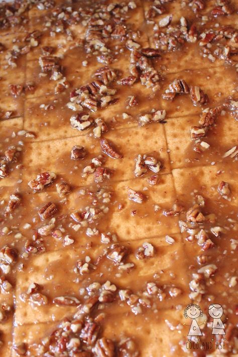 Toffee Graham Crack, graham cracker bars, toffee graham bars, pecan graham crackers, caramel graham crack, coco and ash, dessert, easy dessert recipe, holiday dessert Easy Receipts, Graham Bars, Fundraisers Ideas, Easy Squares, Graham Cracker Bars, Trendy Desserts, Easy Bars, Pecan Treats, Graham Cracker Toffee