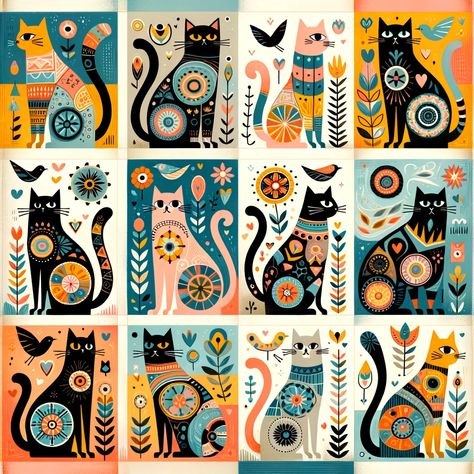 Folk Art Cats, Scandinavian Cat Illustration, Folk Art Cat, Arte Folk, Folk Art Flowers, Scandinavian Folk Art, Animal Quilts, Art Journals, Abstract Painting Acrylic