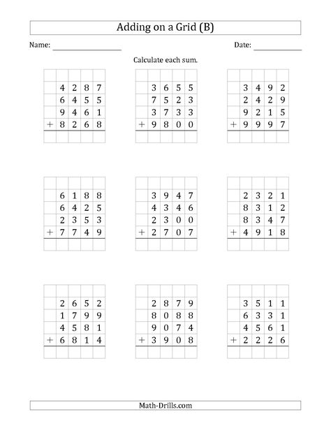 The Adding Four 4-Digit Numbers on a Grid (B) math worksheet from the Addition Worksheets page at Math-Drills.com. Math Fact Worksheets, Addition Worksheet, Math Practice Worksheets, Math Addition Worksheets, 4th Grade Math Worksheets, Math Drills, 3rd Grade Math Worksheets, Math Sheets, Mathematics Worksheets