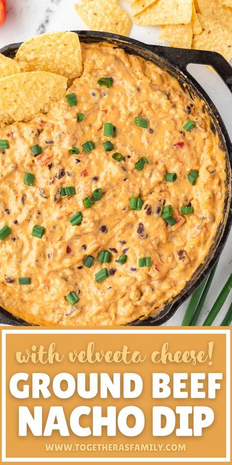 Ground Beef Nacho Dip is creamy, a little spicy, and so cheesy! Cooked and crumbled ground beef with two kinds of cheese, rotel, black beans, sour cream, and seasonings. It's the perfect dip for any gathering or try it for a Super Bowl party. Ground Beef Chip Dip, Beef Nacho Dip, Velveeta Dip, Ground Beef Nachos, Chip Dips, Chip Dip Recipes, Mild Taco Seasoning, Mexican Dip, Rotel Dip